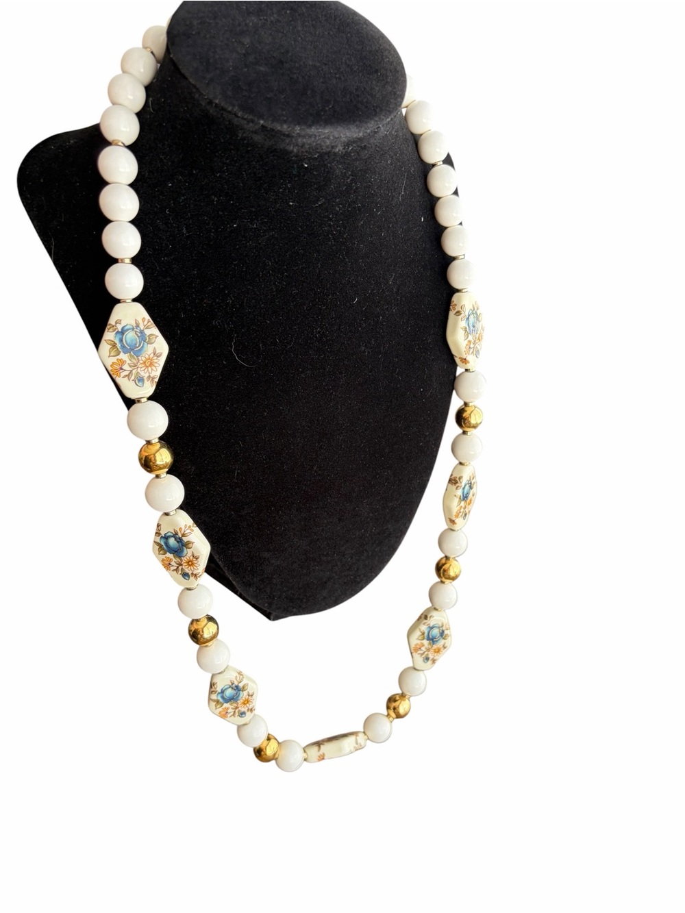 JAPAN White Lucite Necklace with gold and floral beads